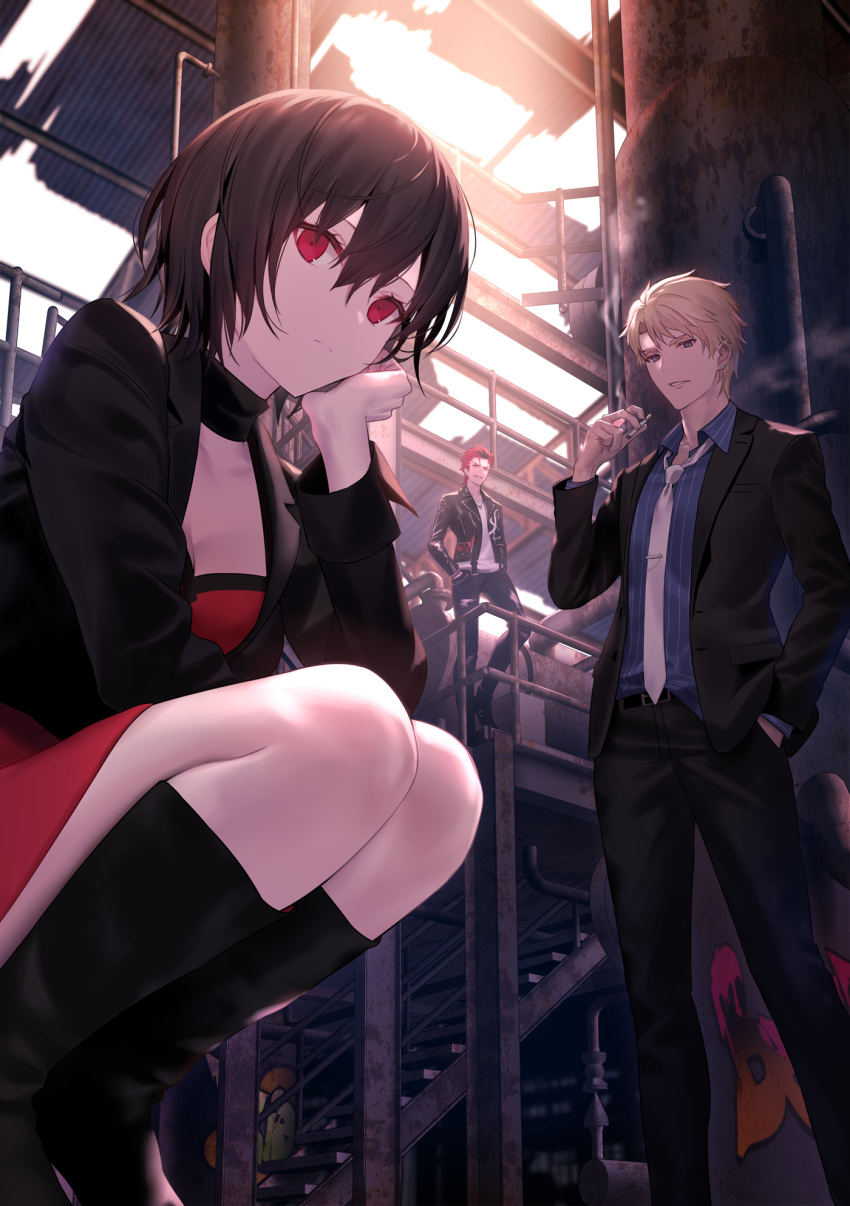 1girl 2boys black_choker black_footwear black_hair black_jacket black_pants blazer blue_eyes blue_shirt boots brown_hair cheek_rest choker cigarette closed_mouth collared_shirt commentary_request day dengeki_bunko dress expressionless graffiti hair_between_eyes hand_in_pocket hand_up highres holding indoors jacket knee_boots long_sleeves looking_at_viewer mad_bullet_underground multicolored_hair multiple_boys necktie official_art pants parted_lips red_dress red_eyes redhead shinooji shirt short_hair sidelocks squatting stairs standing striped striped_shirt sunlight two-tone_hair warehouse white_neckwear wing_collar