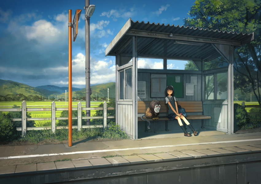 1girl bench black_hair black_legwear blue_sky brown_footwear closed_mouth clouds day expressionless fence loafers looking_away looking_to_the_side medium_hair original outdoors scenery shoes sitting sky socks solo telephone_pole yoshida_seiji