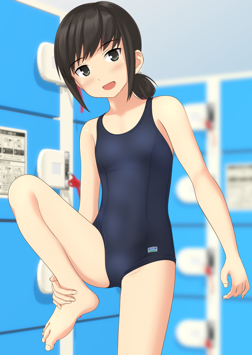 1girl :d absurdres barefoot black_eyes black_hair black_swimsuit cowboy_shot fubuki_(kantai_collection) highres indoors kantai_collection light_blush locker locker_room long_hair looking_at_viewer low_ponytail new_school_swimsuit open_mouth ponytail school_swimsuit short_ponytail sidelocks smile solo standing standing_on_one_leg swimsuit takafumi