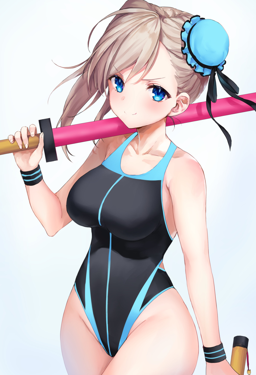 1girl absurdres asymmetrical_hair bangs bare_shoulders black_swimsuit blue_eyes blue_swimsuit blush breasts bun_cover collarbone commentary_request competition_swimsuit eyebrows_visible_through_hair fate/grand_order fate_(series) hair_between_eyes hair_bun highres holding ishita_umi large_breasts long_hair looking_at_viewer miyamoto_musashi_(swimsuit_berserker)_(fate) one-piece_swimsuit pink_hair smile solo swimsuit