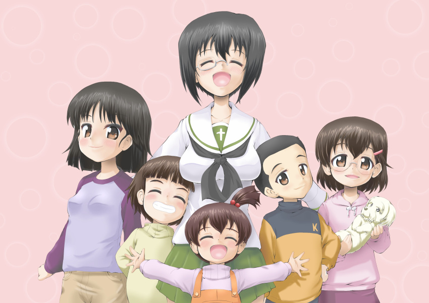 1boy 5girls :d absurdres arm_around_back arm_behind_back bangs black_hair black_neckwear blouse blunt_bangs blunt_ends blush brother_and_sister brown_eyes brown_hair brown_shirt closed_mouth commentary daxz240r dog family girls_und_panzer glasses green_skirt grin hair_bobbles hair_ornament hairpin hand_on_hip happy head_tilt highres kawashima_momo leaning_on_person long_sleeves miniskirt monocle multiple_girls neckerchief one_side_up ooarai_school_uniform open_mouth orange_overalls orange_shirt outstretched_arms overalls pink_background pink_shirt pleated_skirt purple_shirt purple_skirt raglan_sleeves school_uniform semi-rimless_eyewear serafuku shirt short_hair short_sidetail siblings silver-framed_eyewear sisters skirt smile spread_arms under-rim_eyewear white_blouse yellow_shirt