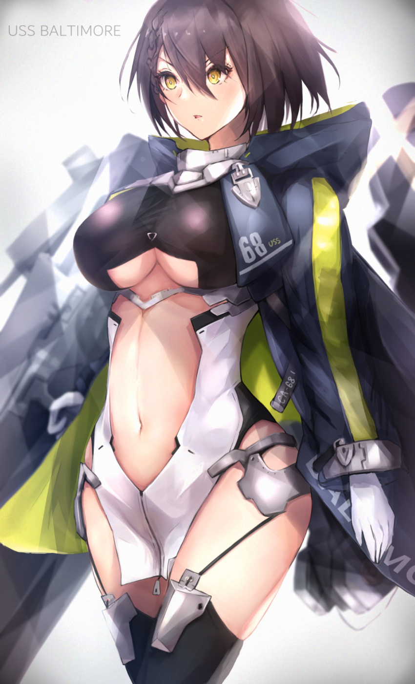 1girl absurdres ahoge azur_lane baltimore_(azur_lane) bangs black_leotard blush boots braid breasts brown_hair center_opening coat cowboy_shot floating_hair gloves hair_between_eyes highres large_breasts leotard looking_at_viewer navel open_clothes open_coat open_mouth pelvic_curtain purple_coat rigging ruwoka short_hair simple_background solo stomach thigh-highs thigh_boots underboob_cutout white_background yellow_eyes