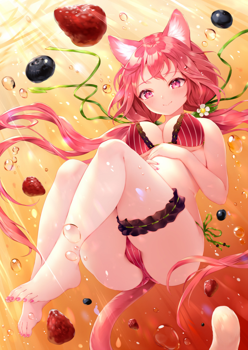 1girl animal_ears ass bangs bare_shoulders barefoot berry bikini blush breasts cat_ears cat_girl cat_tail closed_mouth feet floating floating_hair flower frilled_bikini frills full_body green_ribbon hair_flower hair_ornament hair_ribbon highres large_breasts long_hair looking_at_viewer low_twintails original pink_eyes pink_hair pink_nails ribbon side-tie_bikini sidelocks smile solo striped striped_bikini sukemyon swimsuit tail thigh_strap toenail_polish toenails toes twintails underwater very_long_hair