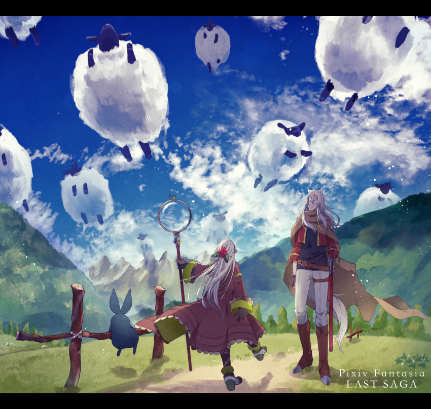 1boy 1girl animal_ears belt black_gloves blue_sky braid brown_cape canaan_(pixiv_fantasia_last_saga) cape clouds copyright_name day flower gadis_(pixiv_fantasia_last_saga) gloves hair_flower hair_ornament hayakawaseli highres lens long_hair mountain outdoors pixiv_fantasia pixiv_fantasia_last_saga pointy_ears sheath sheathed sheep sky standing very_long_hair white_hair wide_sleeves