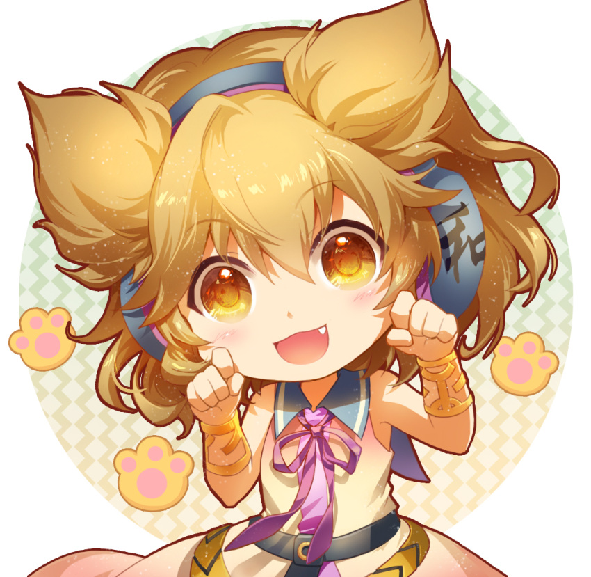 1girl :d bangs bare_arms bare_shoulders belt black_belt blonde_hair blouse blush bracelet chibi circle commentary earmuffs eyebrows_visible_through_hair fang hair_between_eyes hands_up head_tilt jewelry light_particles looking_at_viewer neck_ribbon open_mouth paw_pose paw_print pointy_hair purple_neckwear purple_ribbon ribbon shangguan_feiying short_hair simple_background sleeveless sleeveless_blouse smile solo touhou toyosatomimi_no_miko upper_body white_background yellow_eyes