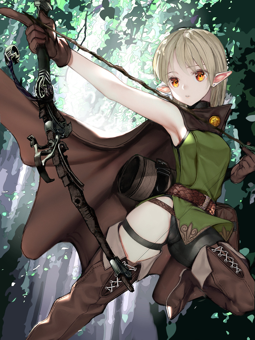 1girl armpits arrow belt blonde_hair boots bow_(weapon) breasts brown_gloves cape elf forest gloves highres holding holding_bow_(weapon) holding_weapon long_hair nature nyatabe orange_eyes original pointy_ears ponytail pouch quiver sleeveless solo thigh-highs thigh_boots weapon