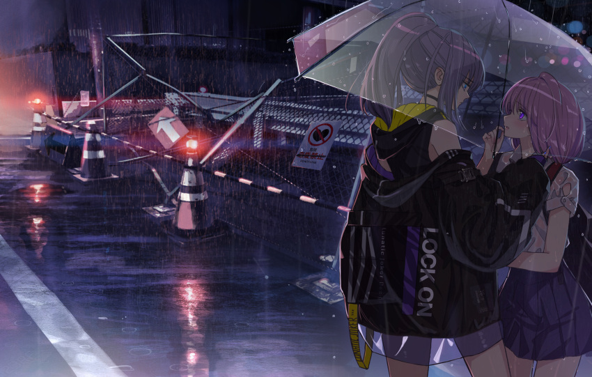 2girls back backpack bag bangs blue_eyes eyebrows_visible_through_hair highres hood hoodie jacket long_hair multiple_girls night off_shoulder original outdoors pleated_skirt ponytail purple_hair rain see-through skirt traffic_cone transparent transparent_umbrella tsukigami_runa umbrella violet_eyes wet wet_clothes