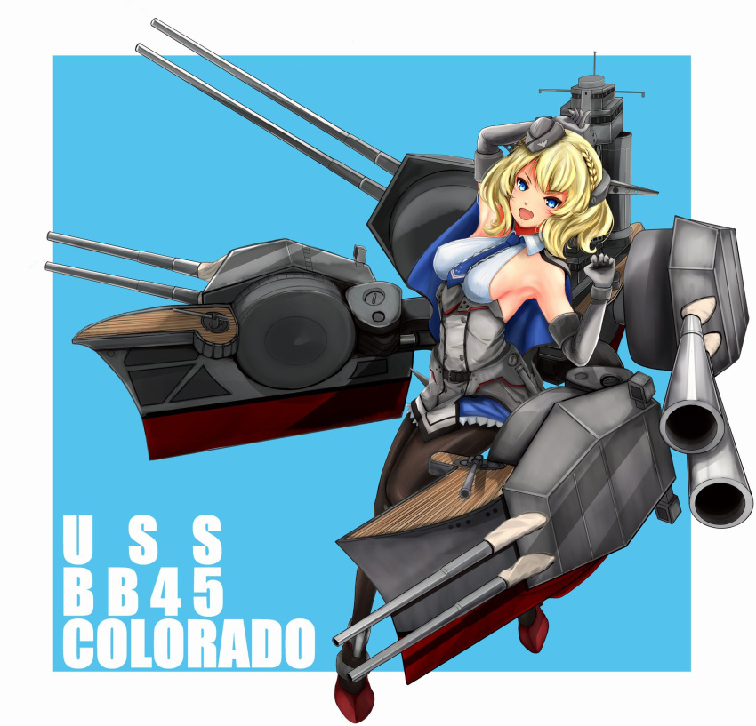 1girl black_gloves black_legwear blonde_hair blue_background blue_eyes blue_neckwear border breasts capelet character_name colorado_(kantai_collection) commentary_request dress elbow_gloves garrison_cap gloves grey_dress grey_gloves grey_headwear hat headgear highres kantai_collection lattice_mast machinery necktie pantyhose pleated_dress r31harutan rudder_footwear shirt short_hair side_braids sideboob sleeveless smokestack solo turret white_border white_shirt