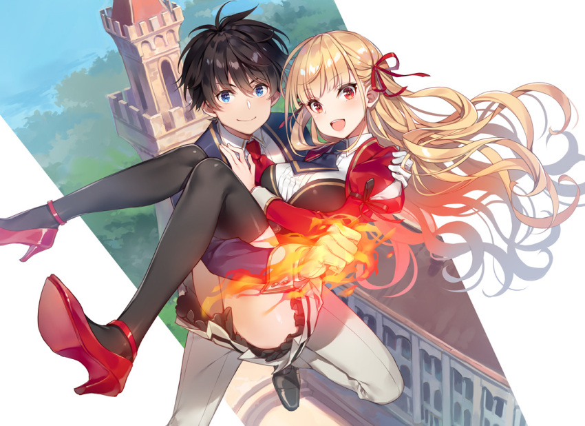 1boy 1girl ass black_legwear blonde_hair blue_eyes blue_sky building burning_hand carrying cover cover_page day gloves grey_pants hand_on_own_chest high_heels magic mmu neckerchief novel_cover official_art open_mouth pants princess_carry red_eyes red_footwear red_neckwear red_ribbon ribbon single_glove sky smile thigh-highs tower white_gloves