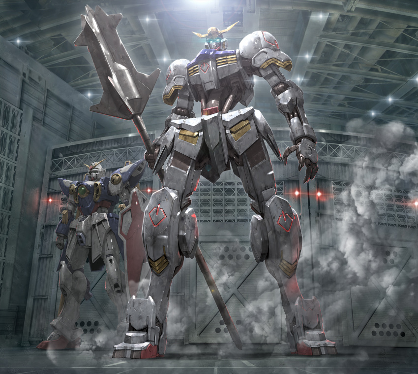 artist_request claws glowing glowing_eyes gundam gundam_barbatos gundam_tekketsu_no_orphans gundam_wing highres horns mace mecha no_humans official_art shield smoke weapon wing_gundam