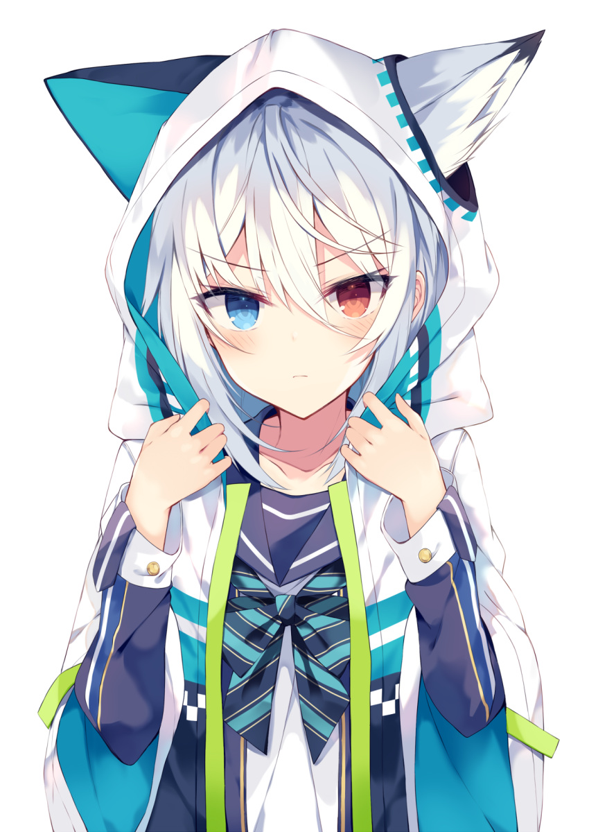 1girl animal_ear_fluff animal_ears animal_hood bangs blue_eyes blue_jacket blue_sailor_collar bow bowtie closed_mouth collarbone commentary_request ears_through_headwear fox_ears frown hair_between_eyes hands_up heterochromia highres hood hoodie jacket long_hair long_sleeves looking_at_viewer nibiiro_shizuka original red_eyes sailor_collar shirt sidelocks simple_background solo striped striped_neckwear upper_body v-shaped_eyebrows white_background white_hair white_hoodie white_shirt