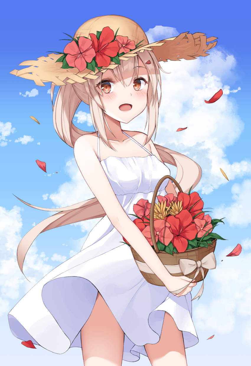1girl absurdres alternate_costume ayanami_(azur_lane) azur_lane bangs bare_arms bare_legs bare_shoulders basket blue_sky blush breasts clouds collarbone commentary_request cowboy_shot day dress falling_petals flower flower_basket hair_between_eyes hat hat_flower hibiscus highres holding holding_basket long_hair long_ponytail looking_at_viewer okappa_(bobbed001) open_mouth outdoors platinum_blonde_hair ponytail sidelocks sky small_breasts smile solo standing straw_hat sun_hat sundress white_dress yellow_eyes