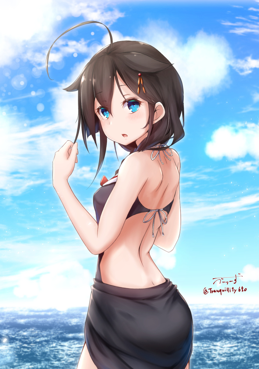 1girl ahoge artist_name baileys_(tranquillity650) bangs blue_eyes blue_swimsuit braid brown_hair clouds cloudy_sky commentary eyebrows_visible_through_hair hair_between_eyes hair_flaps highres kantai_collection looking_at_viewer looking_back ocean one-piece_swimsuit remodel_(kantai_collection) sarong shigure_(kantai_collection) sidelocks signature single_braid sky solo swimsuit