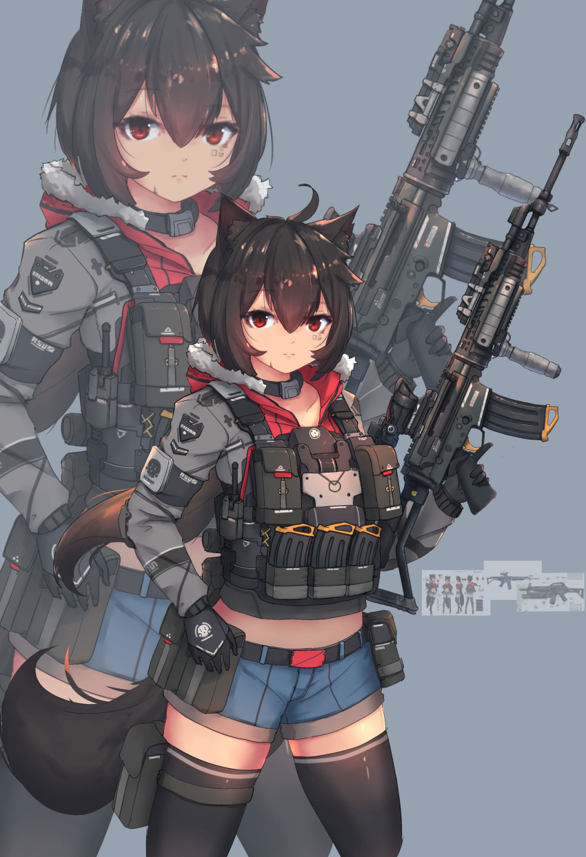 1girl absurdres animal animal_ears artist_request assault_rifle brown_hair foregrip gloves gun highres holster magazine_(weapon) original red_eyes rifle scope shorts solo thigh-highs trigger_discipline weapon