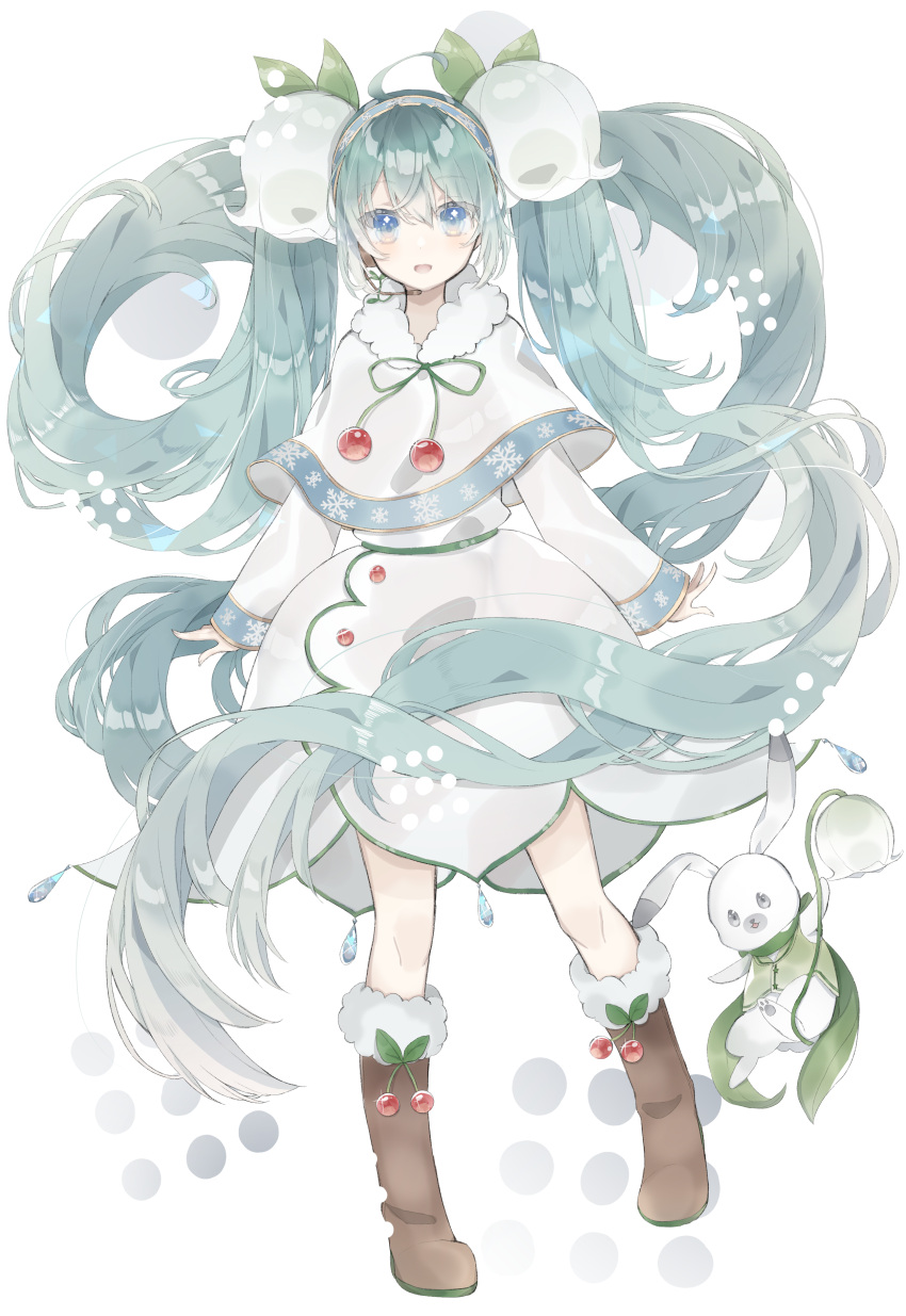 1girl :d absurdres ahoge animal bangs blue_eyes blue_hairband blush boots brown_footwear capelet clothed_animal commentary_request dress eyebrows_visible_through_hair flower full_body fur-trimmed_boots fur_trim green_hair green_vest hair_between_eyes hair_flower hair_ornament hairband hatsune_miku highres knee_boots long_hair long_sleeves open_mouth rabbit siho_(ricchil) sleeves_past_wrists smile snowflake_print standing twintails very_long_hair vest vocaloid white_background white_capelet white_dress white_flower wide_sleeves yuki_miku yukine_(vocaloid)