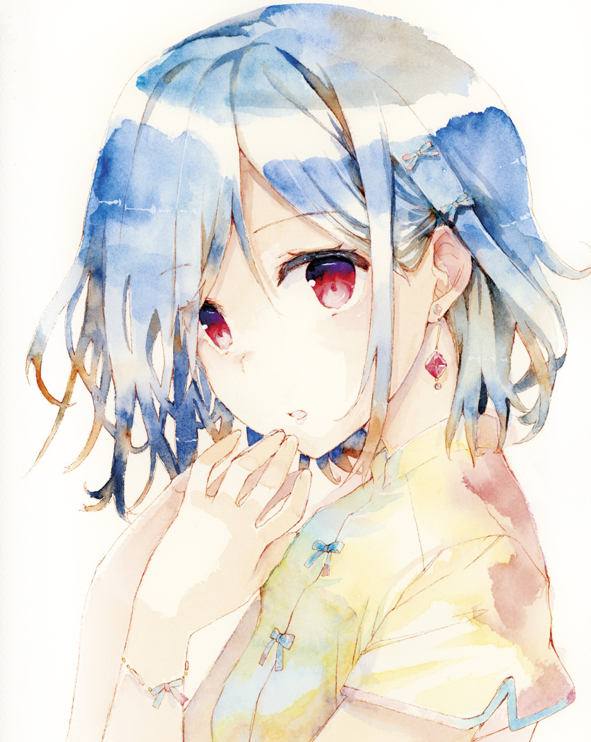 1girl bangs blue_bow blue_hair bow commentary_request dress earrings eyebrows_visible_through_hair fingernails grey_background hair_bow hands_together hands_up highres jewelry looking_at_viewer naruse_chisato original own_hands_together red_eyes short_sleeves simple_background solo traditional_media upper_body watercolor_(medium) white_bow yellow_dress