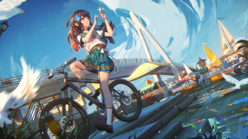 1girl aqua_skirt bicycle bird black_choker blue_sky breasts brown_footwear brown_hair cellphone choker day floating_hair flower full_body glint ground_vehicle hair_flower hair_ornament highres holding holding_phone ibara_dance loafers long_hair looking_afar motion_blur outdoors parted_lips phone pleated_skirt sailor_collar scenery shirt shoes short_sleeves sitting skirt sky small_breasts smartphone smile socks violet_eyes white_shirt wind witch's_weapon