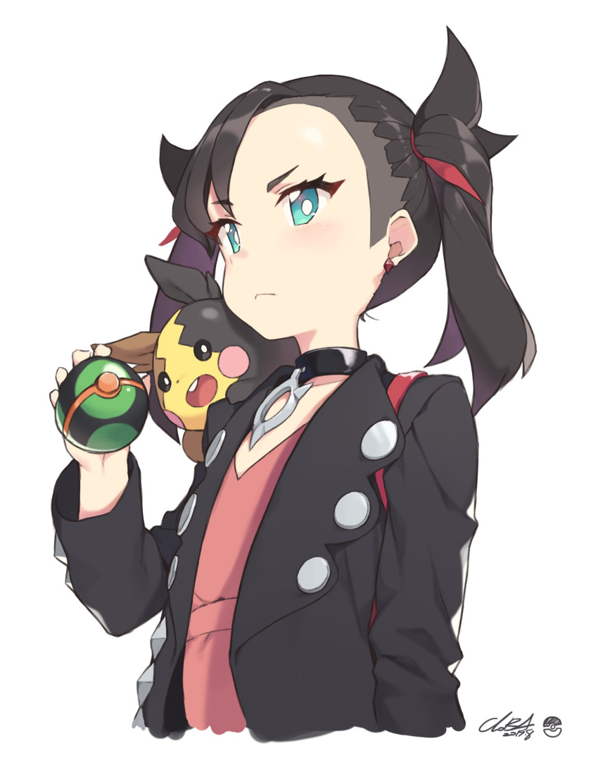 1girl aqua_eyes artist_name black_hair black_jacket choker cloba closed_mouth cropped_torso dated dress earrings expressionless highres holding jacket jewelry long_hair long_sleeves looking_at_viewer mary_(pokemon) morpeko open_clothes open_jacket pink_dress poke_ball pokemon pokemon_(creature) pokemon_(game) pokemon_swsh signature simple_background stud_earrings twintails white_background