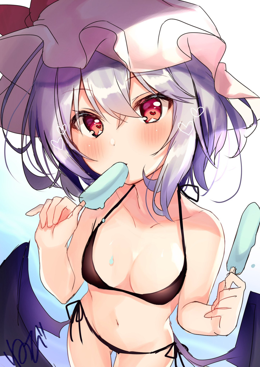 1girl artist_name bangs bare_arms bare_shoulders bat_wings bikini blue_background blush bow breasts collarbone commentary_request cowboy_shot eyebrows_visible_through_hair food gradient gradient_background hair_between_eyes halterneck hands_up hat hat_bow heart heart_in_eye highres holding holding_food lavender_hair looking_at_viewer low_wings mob_cap navel nenobi_(nenorium) pink_headwear popsicle red_bow red_eyes remilia_scarlet short_hair side-tie_bikini signature small_breasts solo standing stomach swimsuit symbol_in_eye touhou translated white_background wings