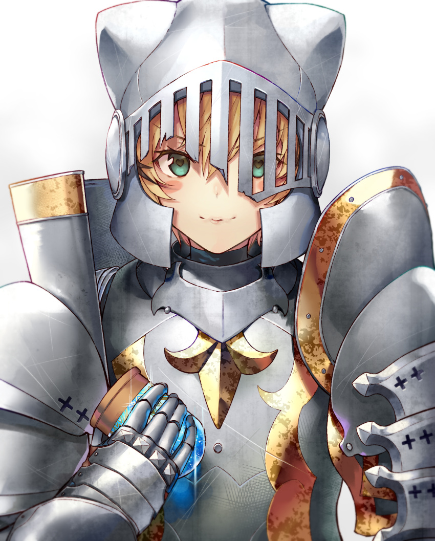 1girl ammunition armor black_cola blonde_hair blush_stickers broken_helmet fate/grand_order fate_(series) full_armor gareth_(fate/grand_order) gauntlets green_eyes highres short_hair