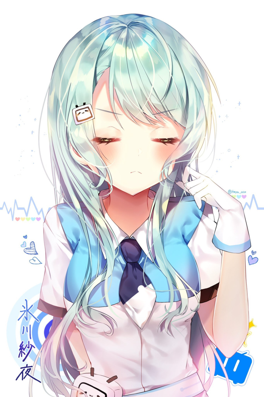 1girl :&lt; bang_dream! bangs blue_neckwear blush breasts closed_eyes closed_mouth collared_shirt eyebrows_visible_through_hair facing_viewer gloves green_hair hair_ornament hand_up heart highres hikawa_sayo long_hair medium_breasts necktie shirt short_necktie short_sleeves solo taya_5323203 twitter_username very_long_hair white_background white_gloves white_shirt