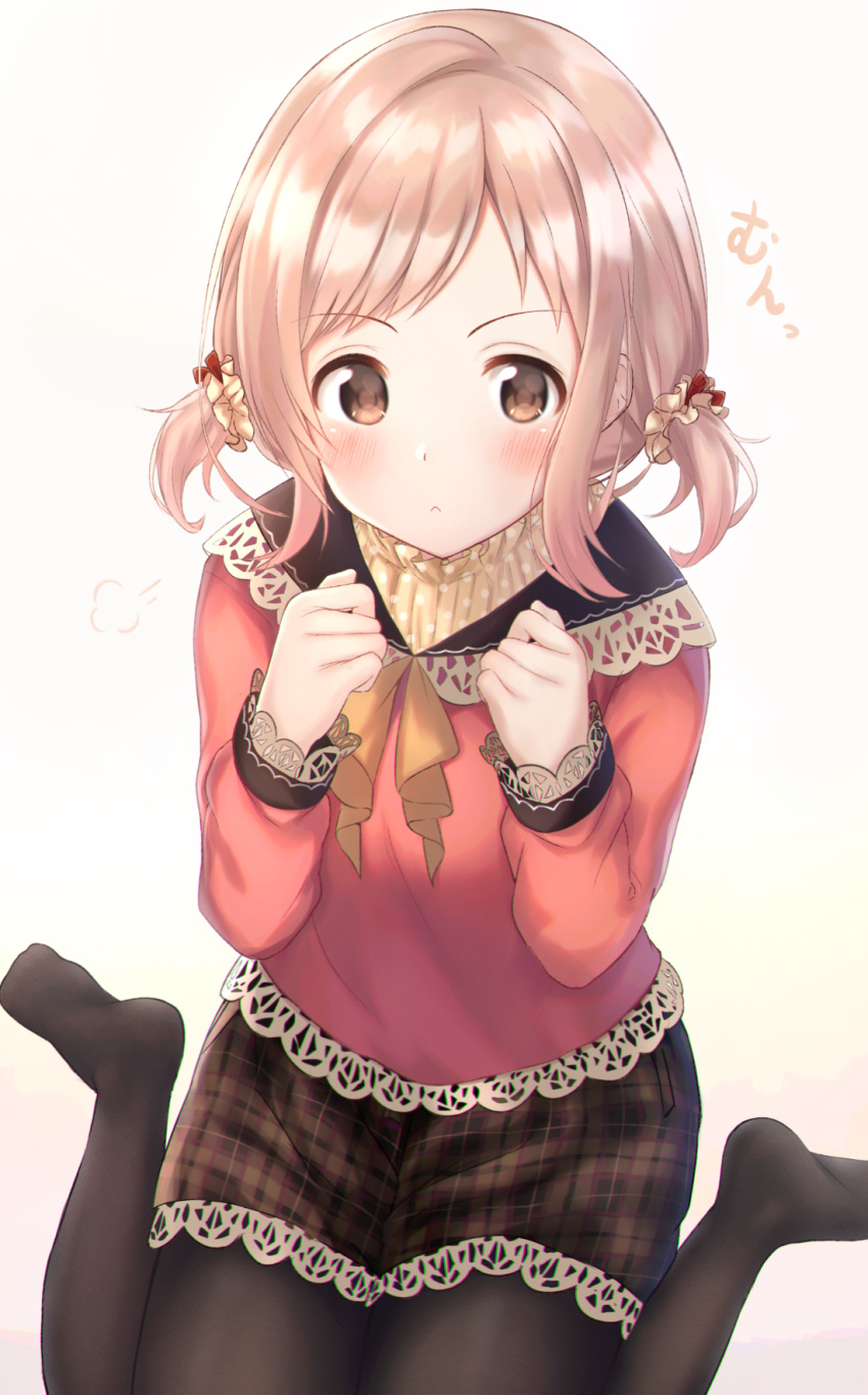 1girl :&lt; =3 bangs black_legwear black_skirt blush brown_eyes closed_mouth commentary_request cotrpopor eyebrows_visible_through_hair hair_ornament hair_scrunchie hands_up highres idolmaster idolmaster_shiny_colors lace_trim light_brown_hair long_sleeves looking_at_viewer no_shoes pantyhose parted_bangs plaid plaid_skirt red_shirt sakuragi_mano scrunchie shiny shiny_hair shirt short_hair short_twintails sidelocks sitting skirt solo twintails wariza white_scrunchie yellow_neckwear