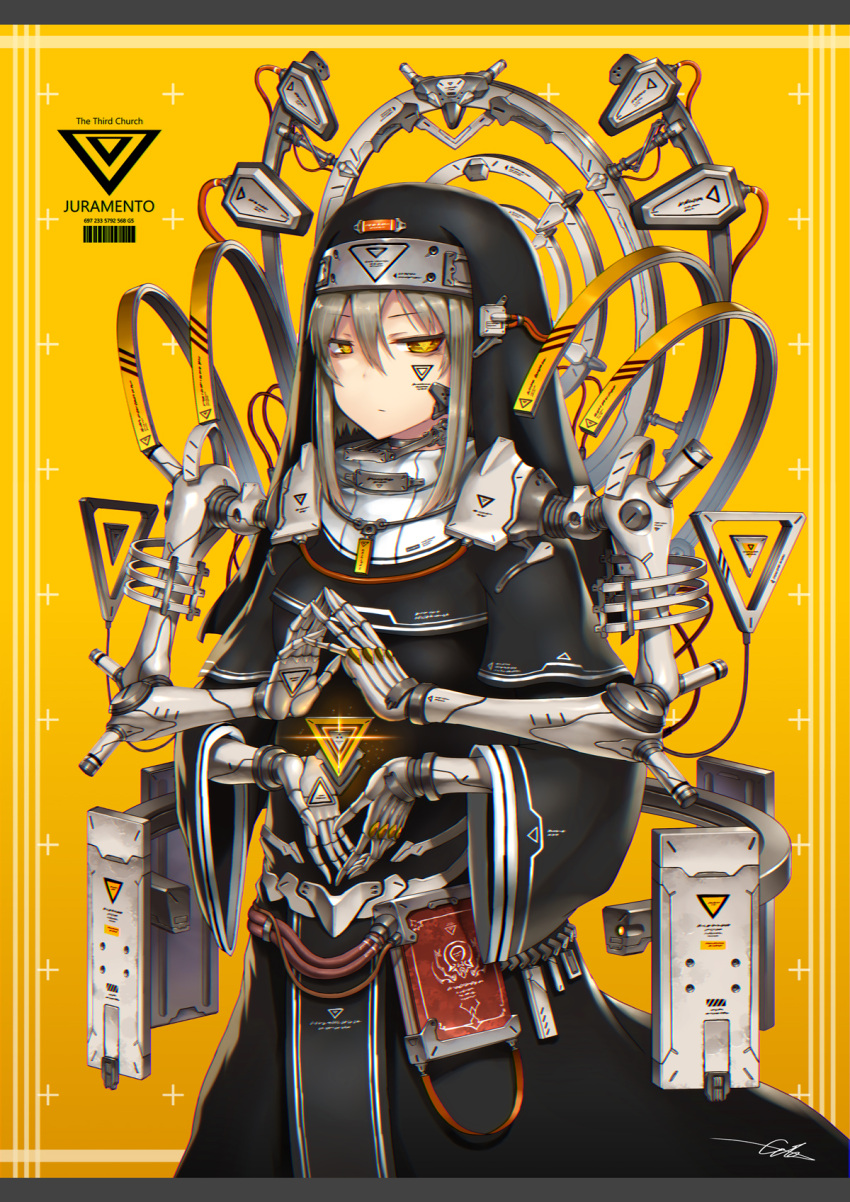 1girl bangs closed_mouth cyborg extra_arms eyebrows_visible_through_hair gia grey_hair habit hair_between_eyes highres letterboxed looking_at_viewer mechanical_arms nun original robe short_hair_with_long_locks signature symbol-shaped_pupils tattoo yellow_background yellow_eyes