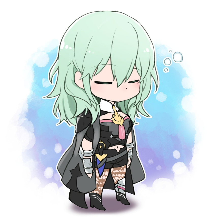 1girl black_cape byleth_(fire_emblem) byleth_eisner_(female) cape chibi closed_eyes dagger fire_emblem fire_emblem:_three_houses green_hair highres medium_hair nakabayashi_zun pantyhose sheath sheathed solo standing weapon