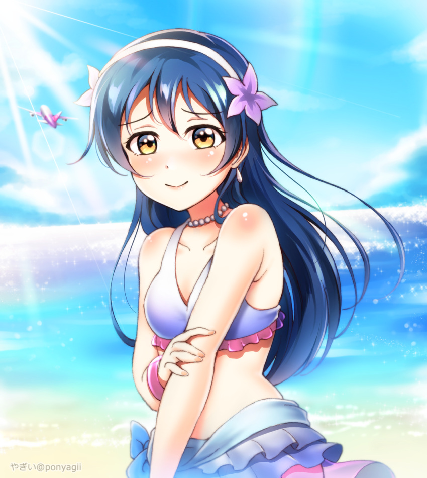 1girl aircraft airplane bangs bikini bikini_skirt blue_hair blush bracelet closed_mouth commentary_request day eyebrows_visible_through_hair flower frilled_bikini frills hair_between_eyes hair_flower hair_ornament hibiscus jewelry long_hair looking_at_viewer love_live! love_live!_school_idol_project natsuiro_egao_de_1_2_jump! necklace ocean outdoors ponyagii smile solo sonoda_umi standing swimsuit yellow_eyes