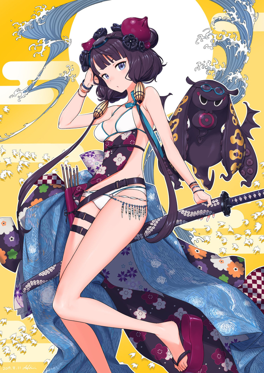 ao_fujimori arm_up bangle bikini blue_eyes bracelet breasts checkered_pattern fate/grand_order fate_(series) feet floral_print goggles goggles_on_head hair_ornament highres holding holding_sword holding_weapon jewelry katana katsushika_hokusai_(fate/grand_order) katsushika_hokusai_(swimsuit_saber)_(fate) leg_belt legs looking_at_viewer medium_breasts octopus purple_hair sandals sash sheath sheathed short_eyebrows swimsuit sword toes twintails waves weapon white_bikini