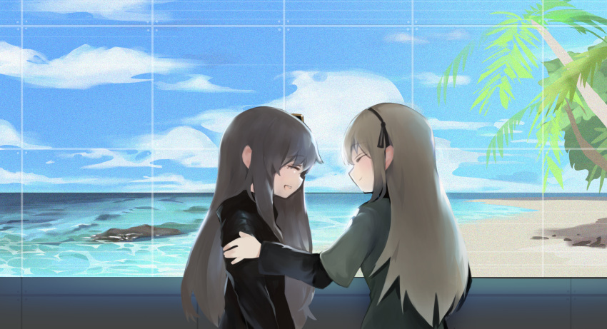 2girls :d bangs beach black_hairband black_jacket blue_sky brown_hair closed_eyes closed_mouth clouds cloudy_sky commentary_request day dokomon eyebrows_visible_through_hair facing_another girls_frontline green_jacket hair_between_eyes hair_ornament hairband highres horizon jacket korean_commentary long_hair long_sleeves multiple_girls ocean open_mouth palm_tree profile short_over_long_sleeves short_sleeves sky smile tears tree ump40_(girls_frontline) ump45_(girls_frontline) upper_body very_long_hair