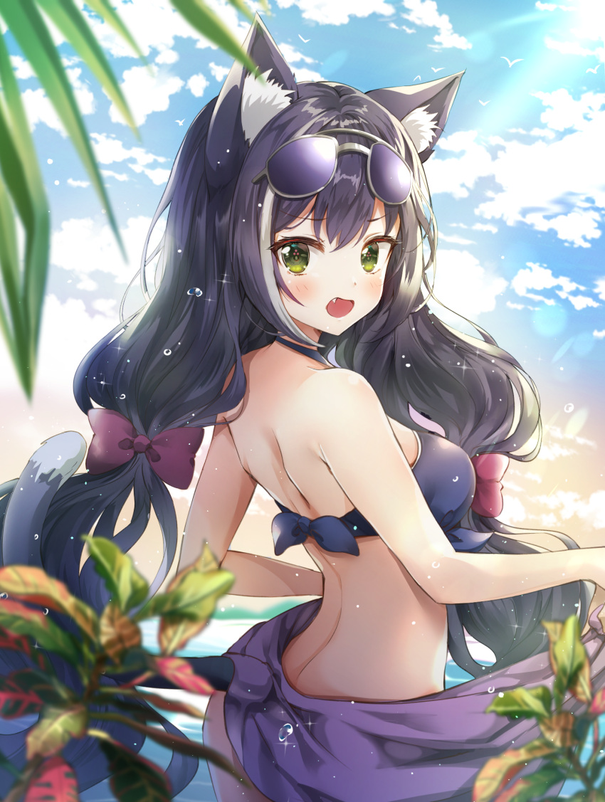 1girl animal_ear_fluff animal_ears ass bangs bare_arms bare_shoulders black_hair blue_bikini_top blue_sky blurry blurry_foreground blush bow breasts cat_ears cat_girl cat_tail clouds cloudy_sky commentary_request day depth_of_field eyebrows_visible_through_hair eyewear_on_head fang green_eyes grey-framed_eyewear hair_between_eyes hair_bow highres kyaru_(princess_connect) long_hair looking_at_viewer looking_to_the_side low_twintails medium_breasts melings_(aot2846) open_mouth outdoors princess_connect! princess_connect!_re:dive red_bow sky solo sunglasses swimsuit tail twintails very_long_hair water