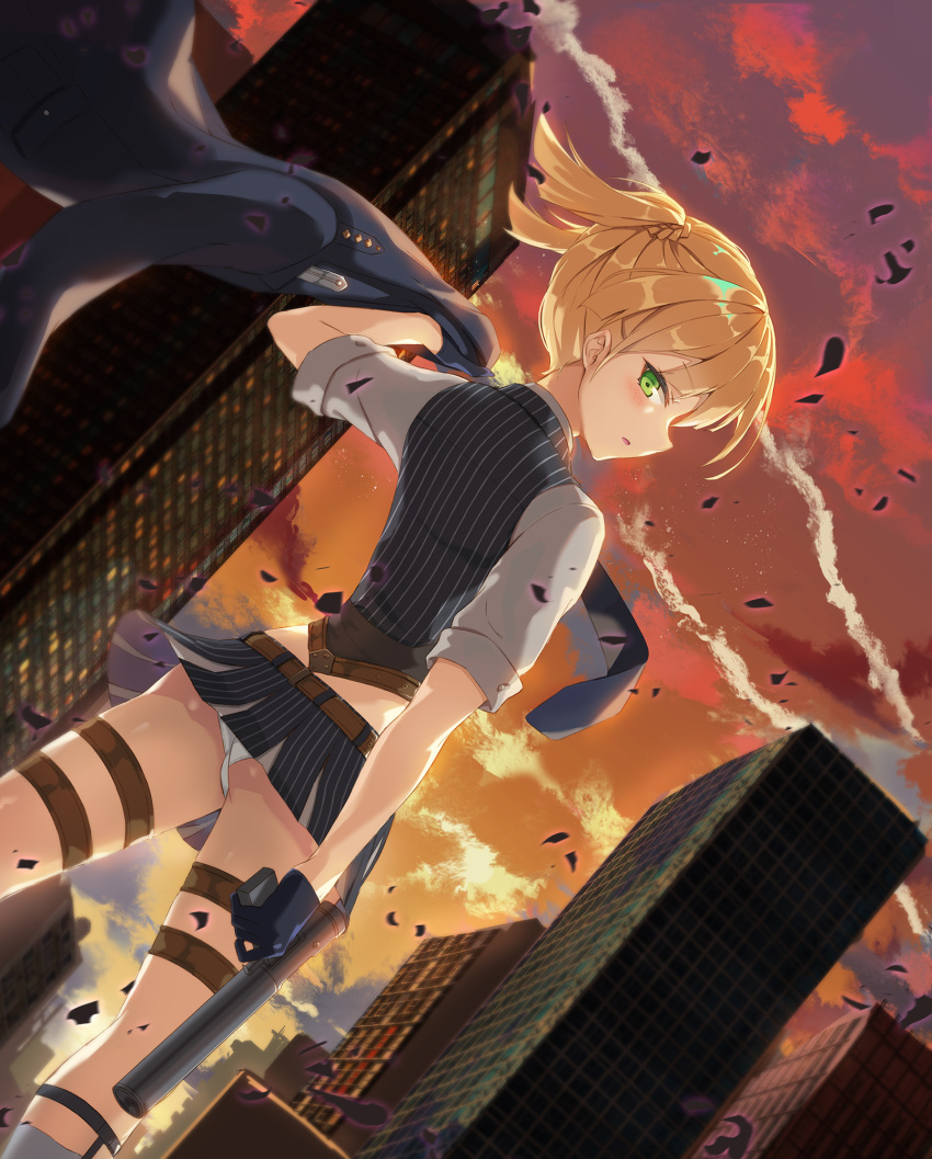 1girl ass bangs belt black_gloves blonde_hair blue_coat blush braid cityscape clouds coat coat_removed corset dutch_angle eyebrows_visible_through_hair floating_hair from_behind girls_frontline gloves green_eyes grey_legwear grey_shirt gun heartsix highres holding holding_coat holding_gun holding_weapon holster looking_at_viewer looking_back miniskirt necktie open_mouth orange_sky outdoors panties shirt short_hair skirt sky sleeve_cuffs socks solo striped_vest sunset thigh_holster thighs twintails underwear weapon welrod_mk2_(girls_frontline) white_panties wind