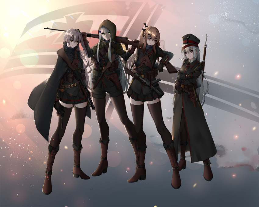 404_(girls_frontline) 4girls artist_name artist_request battlefield_1 cape commentary_request g11_(girls_frontline) girls_frontline gun hat highres hk416_(girls_frontline) holstered_weapon imperial_german_flag korean_commentary lens_flare mauser_t_gewehr military military_hat military_jacket military_uniform mp18 multiple_girls pantyhose rifle scar scar_across_eye shotgun shotgun_shells skirt submachine_gun thigh-highs ump45_(girls_frontline) ump9_(girls_frontline) uniform weapon winchester_model_1897 world_war_i