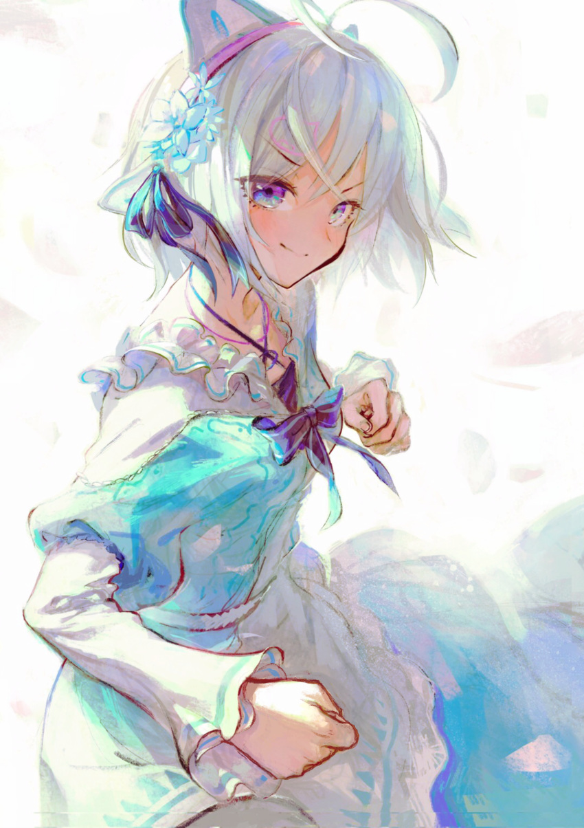 1girl absurdres antenna_hair bangs blue_bow blue_flower blue_ribbon blue_shirt bow closed_mouth dennou_shoujo_youtuber_shiro eyebrows_visible_through_hair flower hair_between_eyes hair_flower hair_ornament headgear highres long_sleeves puffy_short_sleeves puffy_sleeves ribbon shiro_(dennou_shoujo_youtuber_shiro) shirt short_over_long_sleeves short_sleeves silver_hair skirt smile solo striped striped_bow tentsuu_(tentwo) v-shaped_eyebrows violet_eyes virtual_youtuber white_background white_shirt white_skirt