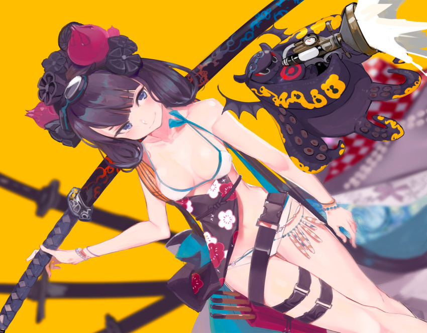 bare_shoulders belt bikini blue_eyes bracelet breasts fate/grand_order fate_(series) floral_print goggles goggles_on_head hair_ornament highres jewelry katsushika_hokusai_(swimsuit_saber)_(fate) kumonji_aruto octopus purple_hair sheath sheathed small_breasts swimsuit sword thigh_strap weapon