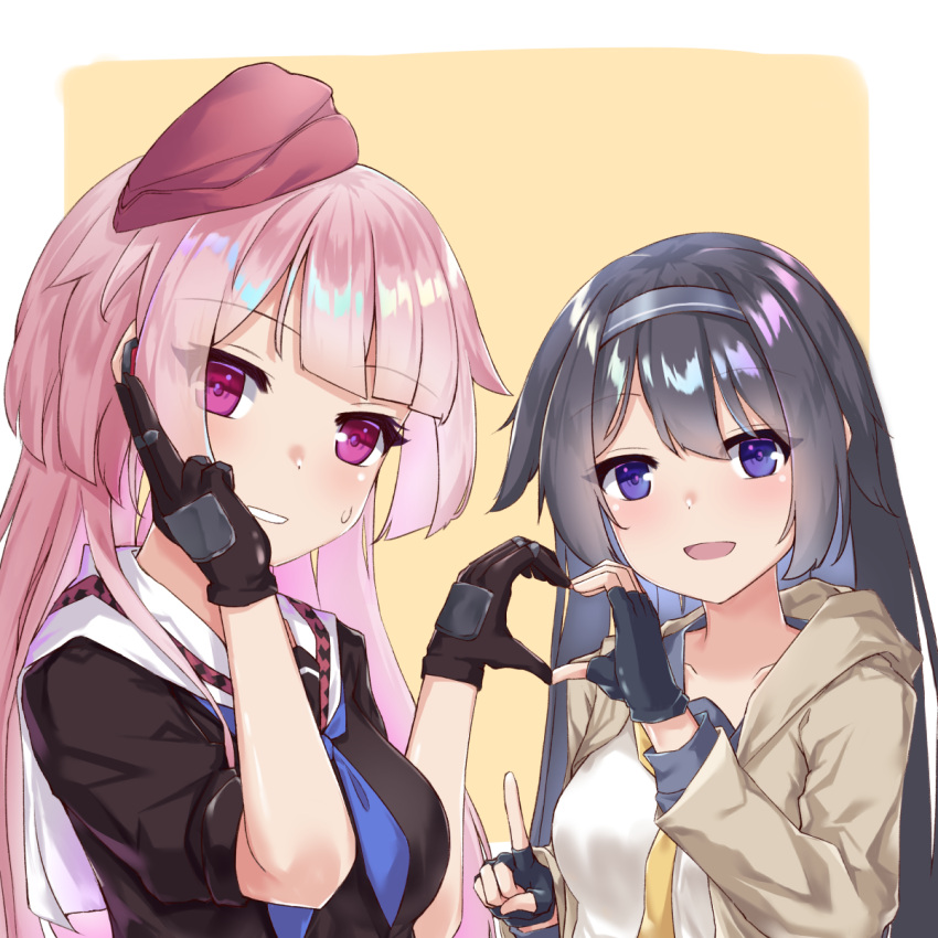 2girls black_hair eyebrows_visible_through_hair fingerless_gloves fuyukin_chiba girls_frontline gloves hat heart heart_hands highres index_finger_raised multiple_girls ntw-20_(girls_frontline) pink_eyes pink_hair purple_hair school_uniform serafuku super_sass_(girls_frontline) sweat