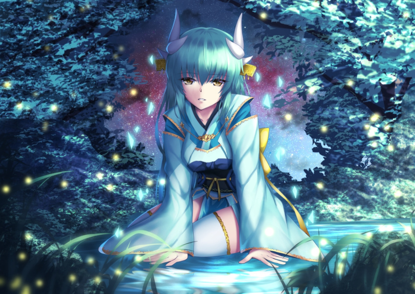 1girl bangs blue_kimono brown_eyes commentary_request dragon_horns eyebrows_visible_through_hair fate/grand_order fate_(series) green_hair hair_between_eyes horns japanese_clothes kimono kiyohime_(fate/grand_order) long_hair long_sleeves looking_at_viewer mishiro0229 night night_sky obi outdoors parted_lips ripples sash sky sleeves_past_wrists solo star_(sky) starry_sky thigh-highs very_long_hair water white_legwear wide_sleeves