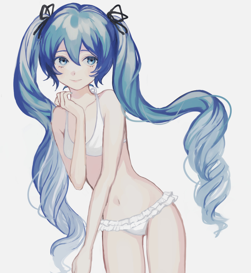 1girl bare_arms bare_shoulders black_ribbon blue_eyes blue_hair blue_nails breasts collarbone cowboy_shot crypton_future_media curly_hair cute eyelashes fingernails frilled_bikini_bottom frilled_swimsuit frills grey_background hair_between_eyes hair_ribbon hatsune_miku highres leaning leaning_to_the_side light_smile long_hair looking_away navel p2_(uxjzz) ribbon simple_background small_breasts smile solo stomach swimsuit thighs twintails very_long_hair vocaloid white_swimsuit yamaha_(company)