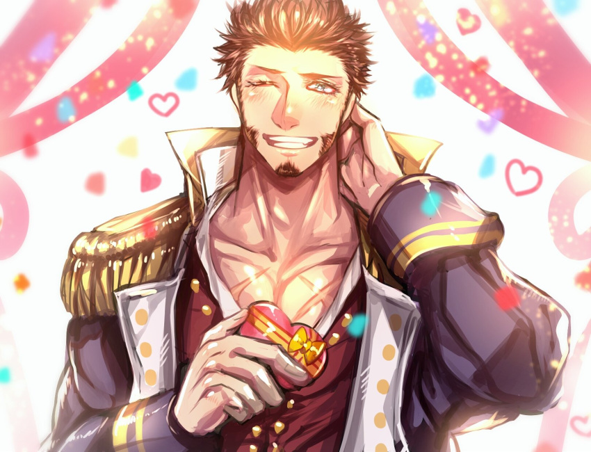 1boy beard blue_eyes blush brown_hair chest chocolate chocolate_heart epaulettes facial_hair fate/grand_order fate_(series) hand_on_own_neck heart highres long_sleeves looking_at_viewer male_focus military military_uniform muscle napoleon_bonaparte_(fate/grand_order) pectorals scar simple_background smile solo uniform valentine zuman_(zmnjo1440)