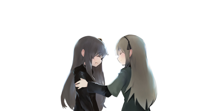 2girls :d bangs black_hairband black_jacket brown_hair closed_eyes closed_mouth dokomon eyebrows_visible_through_hair facing_another girls_frontline green_jacket hair_between_eyes hair_ornament hairband highres jacket long_hair long_sleeves multiple_girls open_mouth profile short_over_long_sleeves short_sleeves simple_background smile tears ump40_(girls_frontline) ump45_(girls_frontline) upper_body very_long_hair white_background