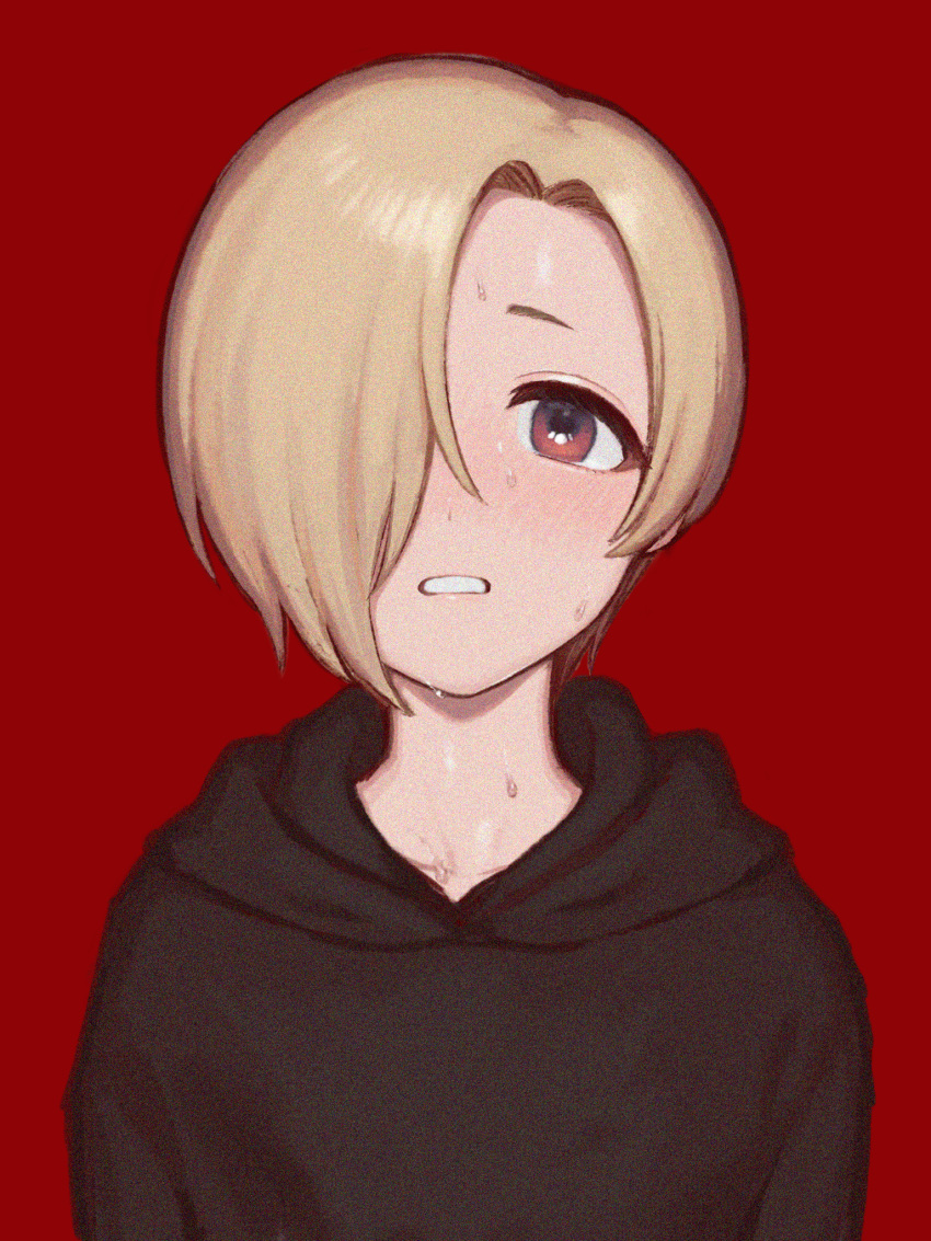 1girl black_hoodie blonde_hair blush cho628 commentary_request face hair_over_one_eye highres hood hoodie idolmaster idolmaster_cinderella_girls looking_at_viewer parted_lips red_background red_eyes shirasaka_koume short_hair solo sweatdrop