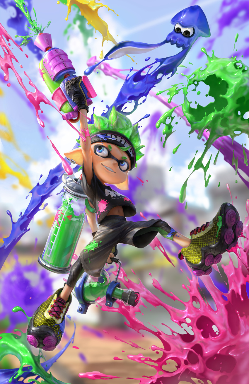 absurdres arm_up bare_arms beitemian black_shorts blue_eyes blurry blurry_background domino_mask full_body gloves green_hair grin headband highres holding ink_tank_(splatoon) inkling jumping leggings legwear_under_shorts looking_at_another looking_down looking_up mask midriff_peek navel outstretched_arm paint paint_splatter pants pantyhose pointy_ears shirt shoes short_hair short_sleeves shorts smile soles solo_focus splashing splatoon_(series) squid stomach super_soaker t-shirt tentacle_hair