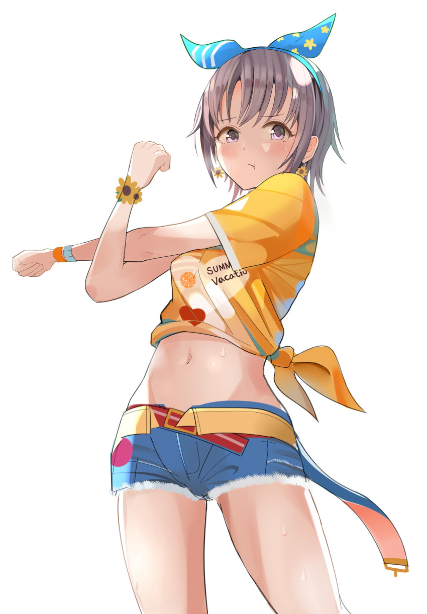 1girl absurdres belt black_hair blush bracelet denim denim_shorts earrings flower hair_ribbon highres idolmaster idolmaster_cinderella_girls idolmaster_cinderella_girls_starlight_stage jewelry midriff navel otokura_yuuki pjkka pout ribbon shirt short_hair shorts simple_background solo stretch sunflower sweat tied_shirt white_background