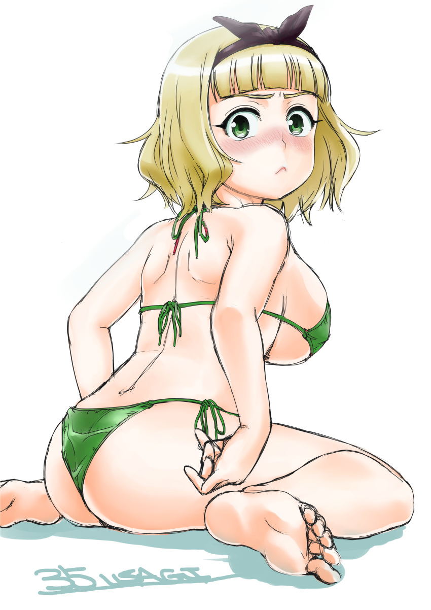 1girl absurdres arched_back ass bare_shoulders barefoot bikini black_bow black_hairband blonde_hair blush bow breasts character_name closed_mouth feet from_behind frown green_bikini green_eyes hairband hairband_bow hand_on_own_thigh highres large_breasts looking_at_viewer looking_back nose_blush saionji_usagi shiny shiny_hair short_hair shoulder_blades side-tie_bikini simple_background sinano sitting sketch soles solo swimsuit taimadou_gakuen_35_shiken_shoutai thighs wariza white_background