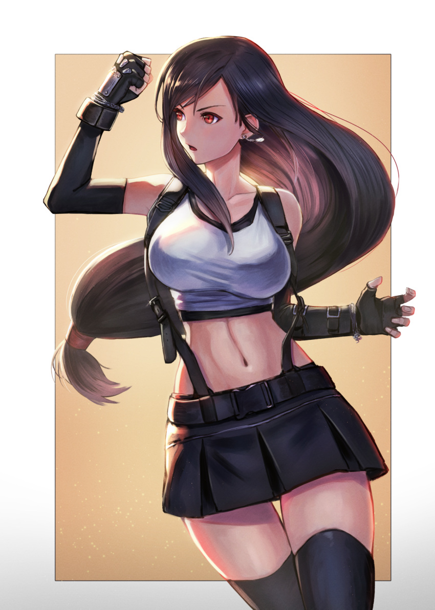 1girl bare_shoulders black_skirt breasts brown_hair commentary_request cowboy_shot earrings elbow_gloves final_fantasy final_fantasy_vii final_fantasy_vii_remake fingerless_gloves gloves highres jewelry kuroi_susumu long_hair looking_to_the_side low-tied_long_hair medium_breasts midriff navel open_mouth red_eyes revision skirt thigh-highs tifa_lockhart