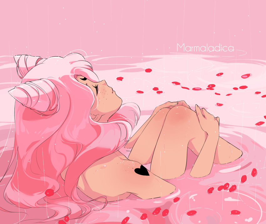 1girl artist_name bathing bishoujo_senshi_sailor_moon black_lady chibi_usa closed_eyes commentary_request double_bun facial_mark forehead_mark freckles hands_on_own_knees head_back heart highres long_hair marmalade_(elfless_vanilla) nude partially_submerged petals pink_hair pink_theme shoulder_tattoo solo tattoo water