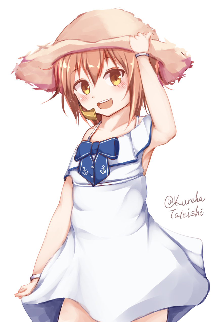 1girl :d absurdres arm_up bangs bare_shoulders blue_bow blush bow brown_eyes brown_hair brown_headwear collarbone commentary_request dress eyebrows_visible_through_hair hair_between_eyes hamayuu_(litore) hand_on_headwear hat highres kantai_collection off-shoulder_dress off_shoulder open_mouth round_teeth short_sleeves simple_background smile solo speaking_tube_headset sun_hat teeth twitter_username upper_teeth white_background white_dress yukikaze_(kantai_collection)