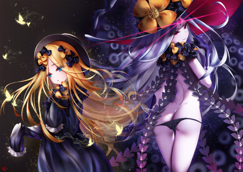 2girls abigail_williams_(fate/grand_order) ass back bangs bare_shoulders black_bow black_dress black_headwear black_panties blonde_hair blue_eyes bow bug butterfly commentary dress dual_persona fate/grand_order fate_(series) forehead glowing glowing_eye hair_bow hat highres insect keyhole long_hair long_sleeves looking_at_viewer lowleg lowleg_panties multiple_bows multiple_girls multiple_hair_bows multiple_hat_bows orange_bow panties parted_bangs pink_eyes polka_dot polka_dot_bow revision sleeves_past_fingers sleeves_past_wrists smile tentacles thighs third_eye underwear vanitas_0 white_hair white_skin witch_hat