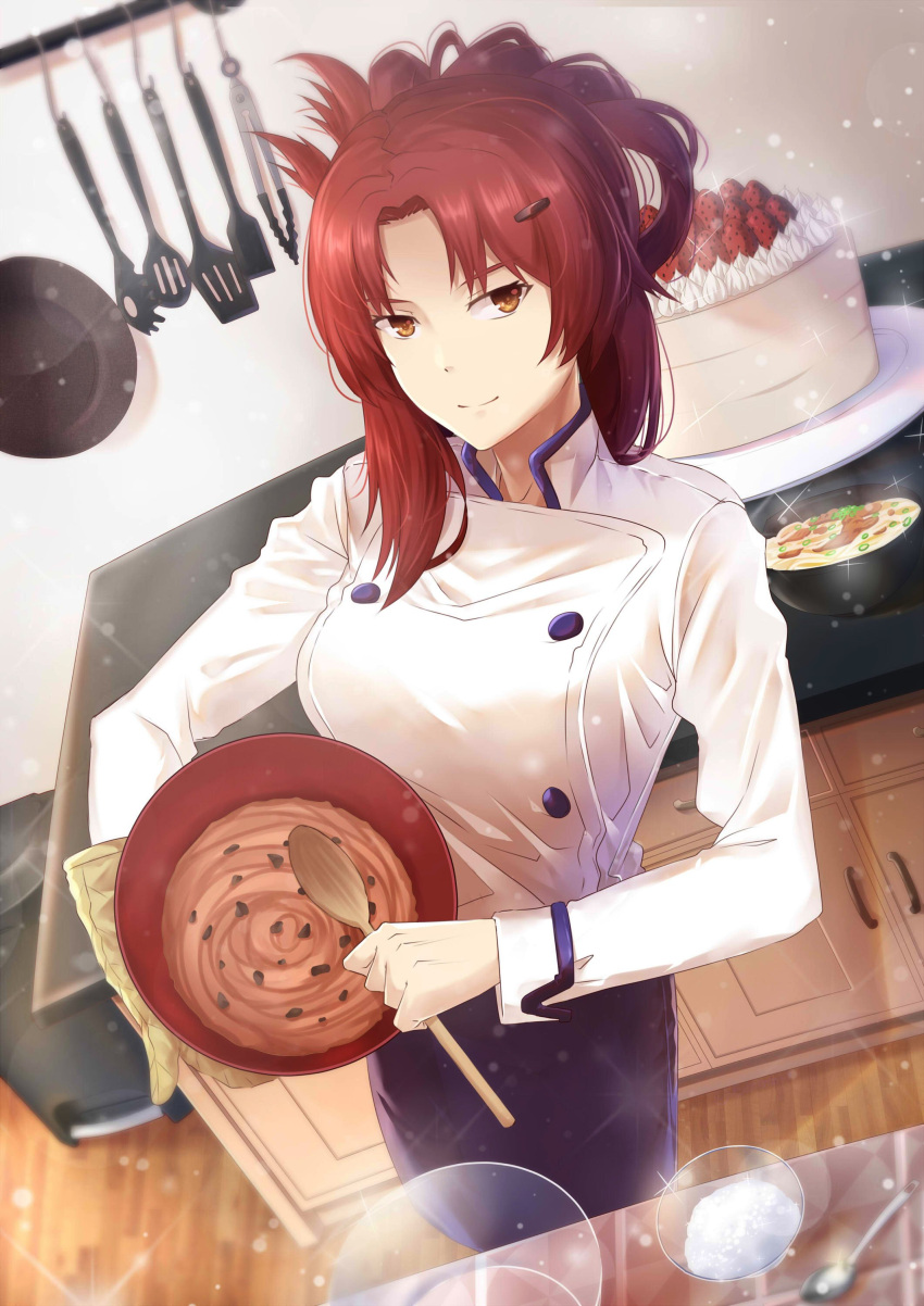 1girl absurdres bangs blue_skirt blush bowl breasts brown_eyes chef_jacket chef_uniform cooking extreeme33 eyebrows_visible_through_hair folded_ponytail food frying_pan hair_ornament hairclip highres holding holding_bowl holding_spoon honkai_(series) honkai_impact_3rd jacket kitchen large_breasts layer_cake long_hair long_sleeves looking_at_viewer mixing mixing_bowl murata_himeko oven_mitts parted_bangs plate redhead sidelocks skirt sleeve_cuffs smile solo sparkle spatula spoon tongs trash_can white_jacket